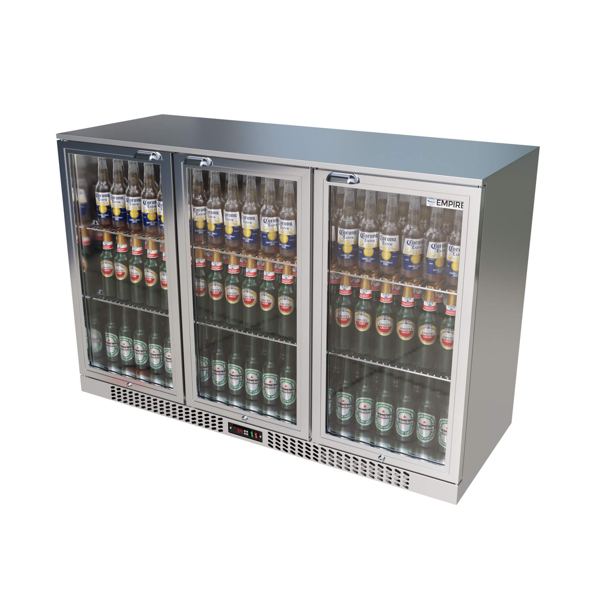 Empire Triple Door 330L Bottle Cooler – B Rated Stainless Steel Hinged Door Commercial Back Bar Fridge