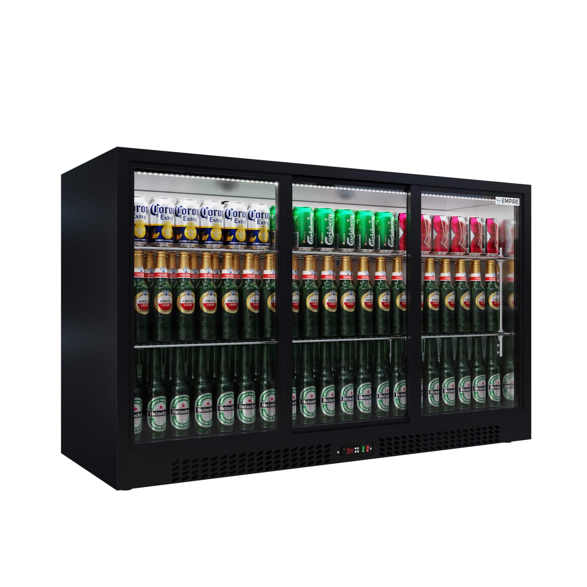 Empire Triple Door Bottle Cooler – B Rated Low 835mm Height Sliding Door Commercial Back Bar Fridge