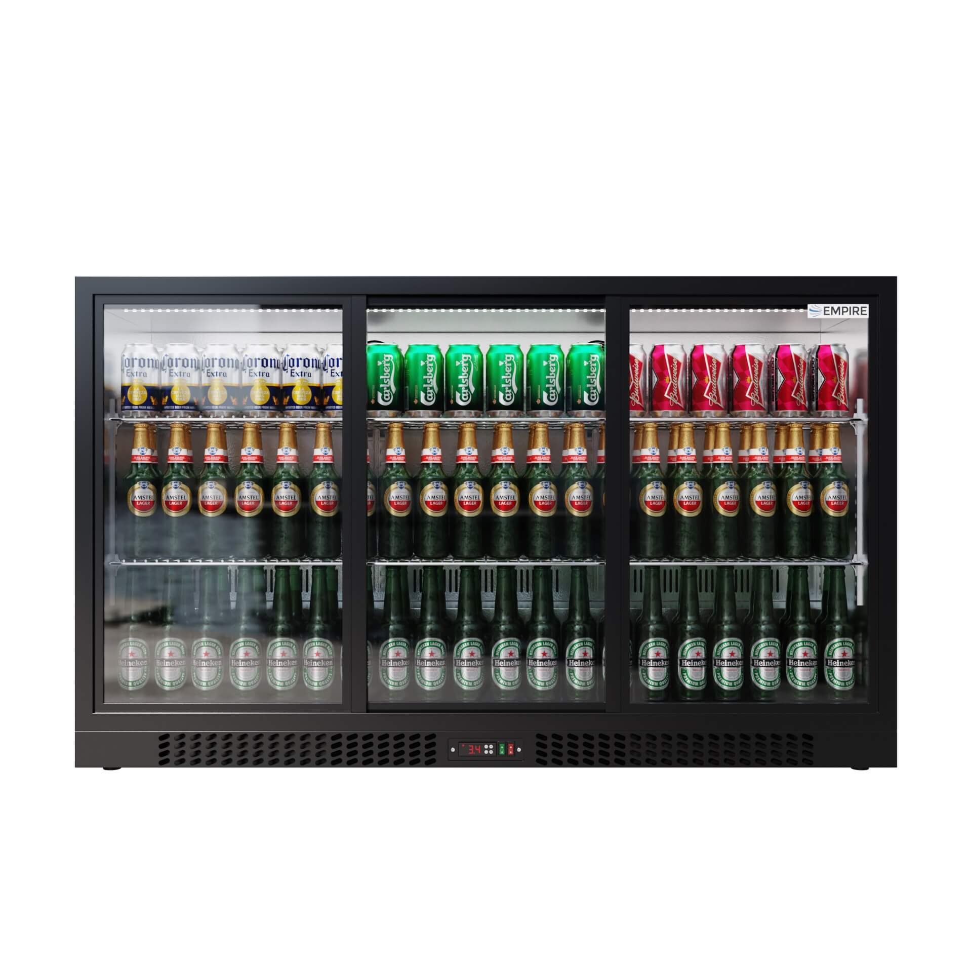 Empire Triple Door Bottle Cooler – B Rated Low 835mm Height Sliding Door Commercial Back Bar Fridge