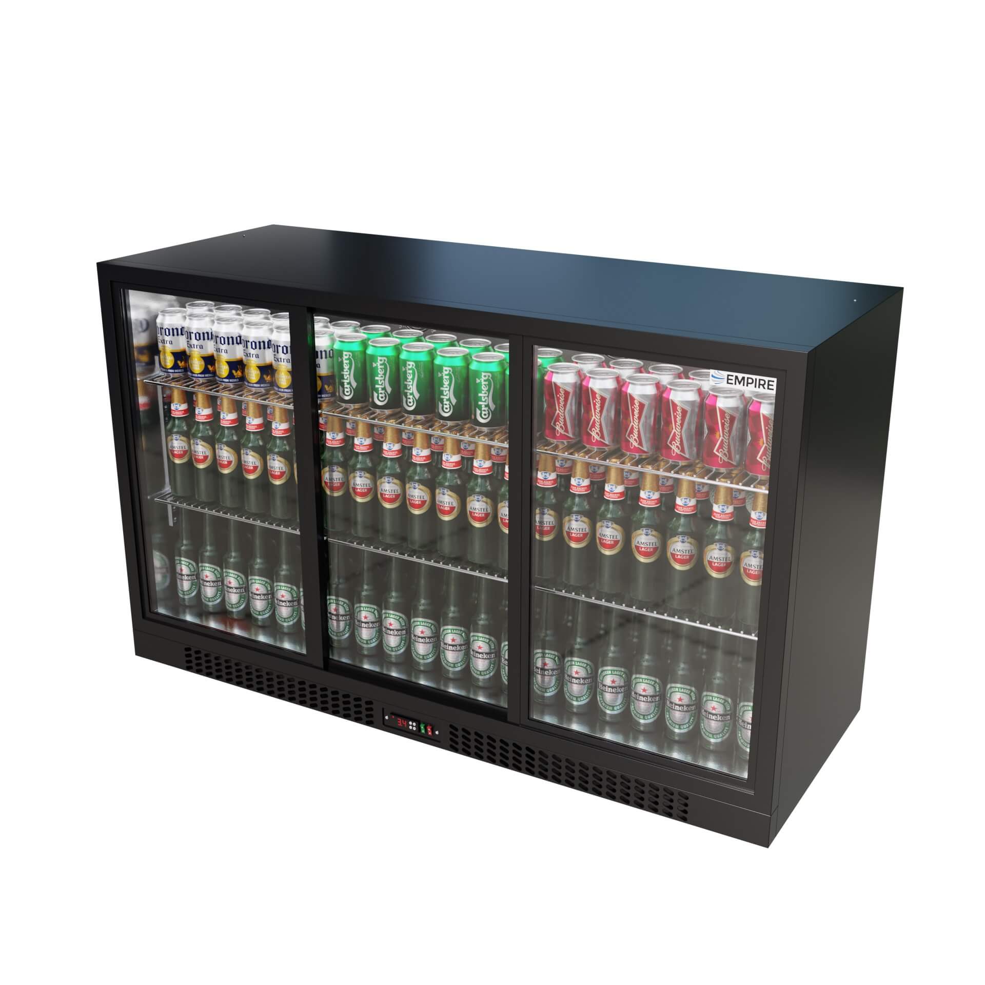 Empire Triple Door Bottle Cooler – B Rated Low 835mm Height Sliding Door Commercial Back Bar Fridge