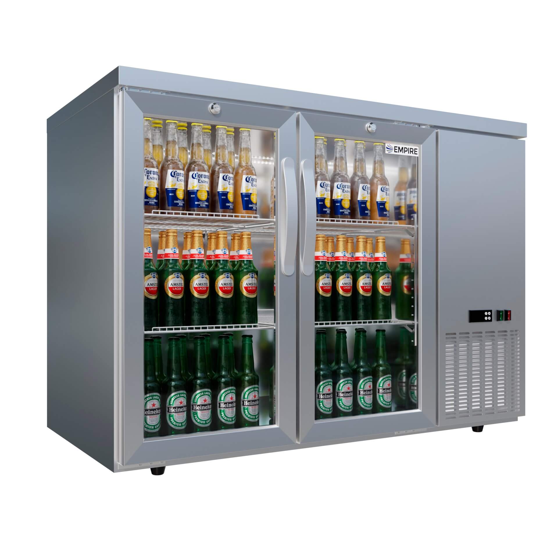 Empire High Capacity Stainless Steel Double Door Bottle Cooler Hinged Undercounter Low Height Side Cooling