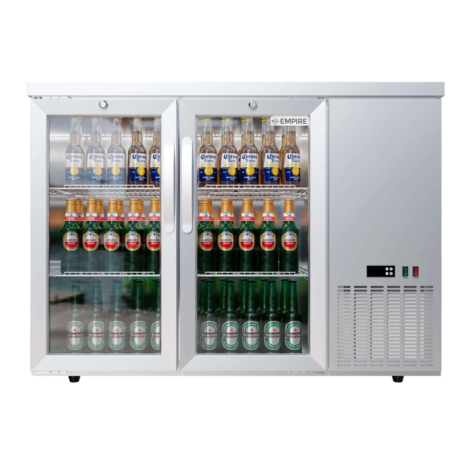 Empire High Capacity Stainless Steel Double Door Bottle Cooler Hinged Undercounter Low Height Side Cooling