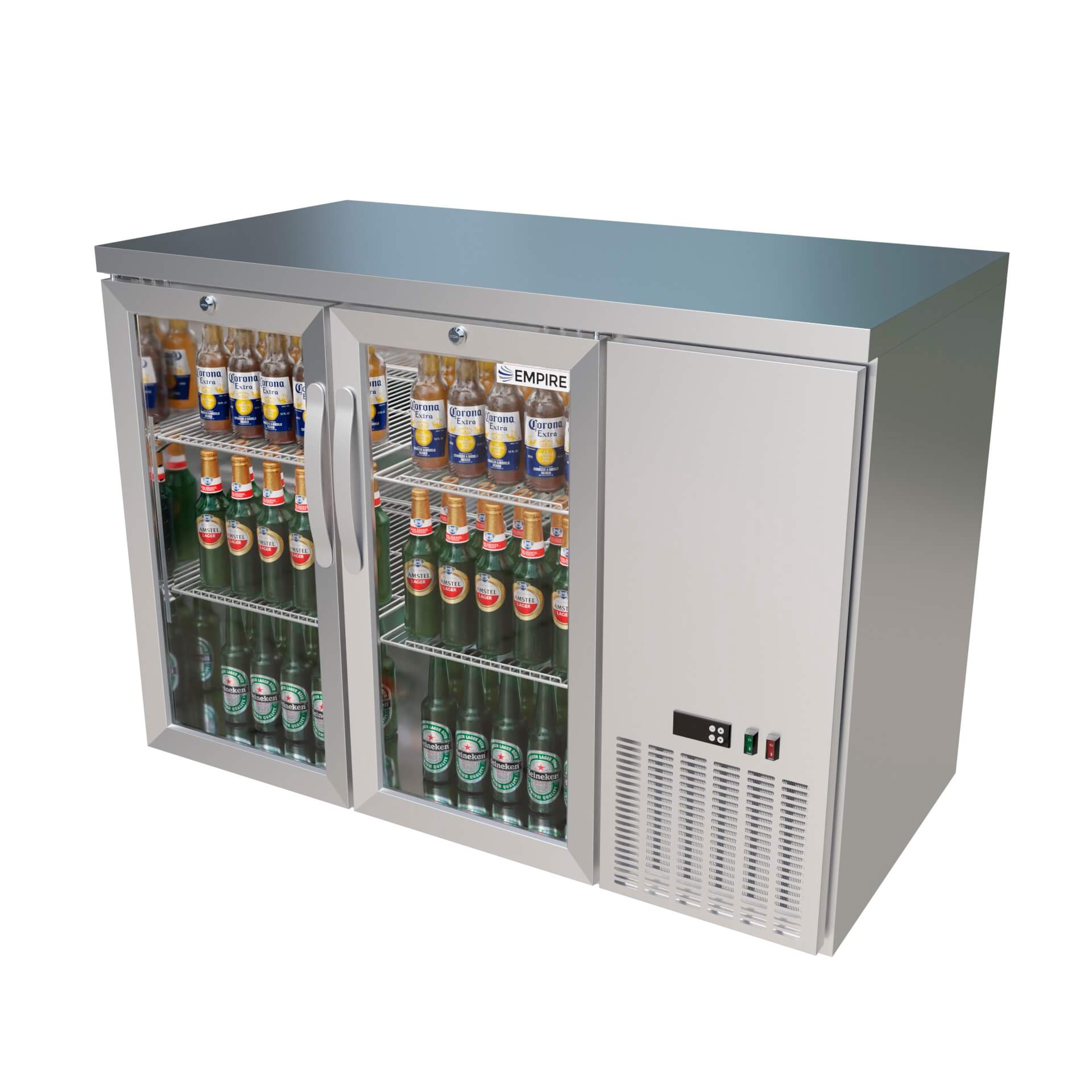Empire High Capacity Stainless Steel Double Door Bottle Cooler Hinged Undercounter Low Height Side Cooling