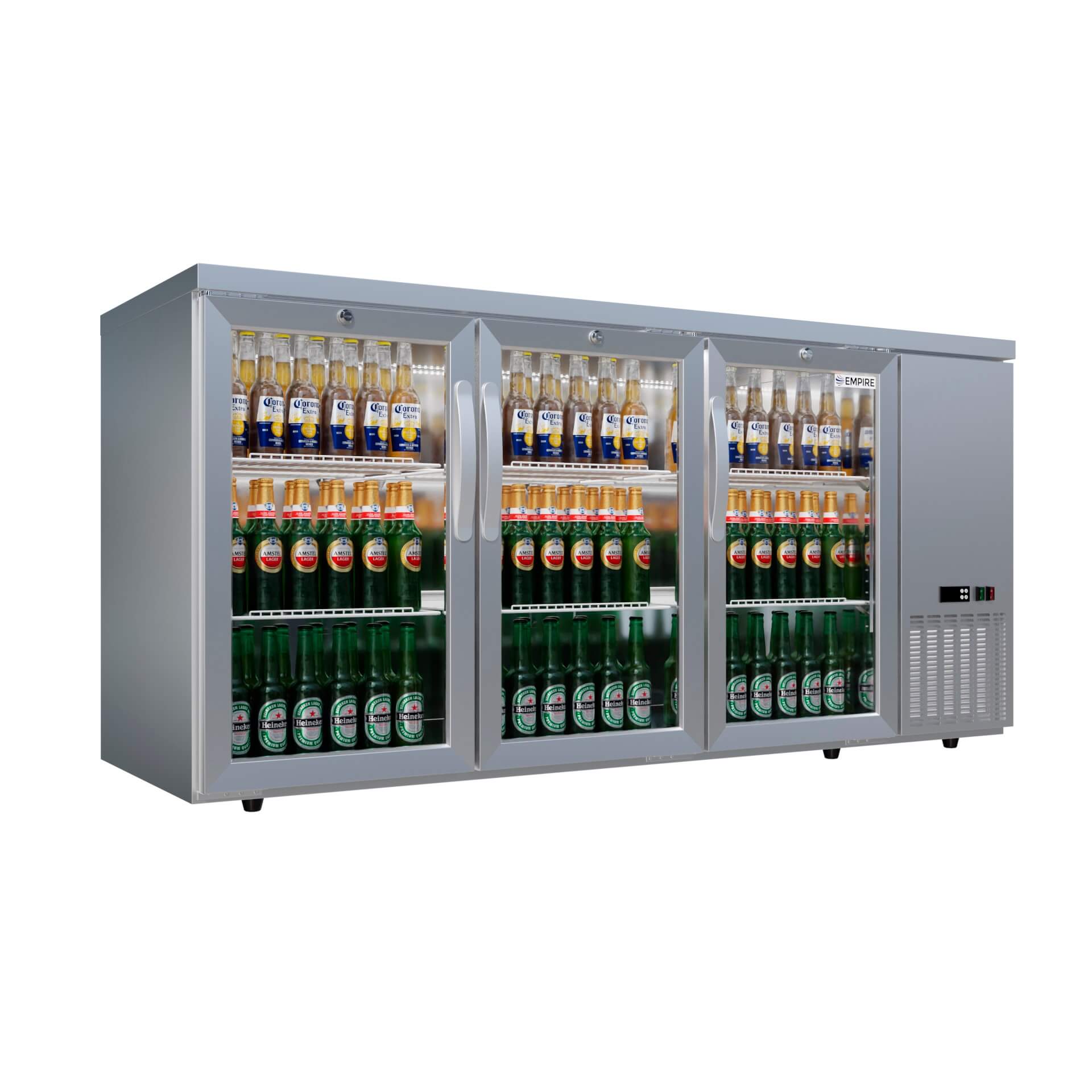 Empire High Capacity Stainless Steel Triple Door Bottle Cooler Hinged Undercounter Low Height Side Cooling