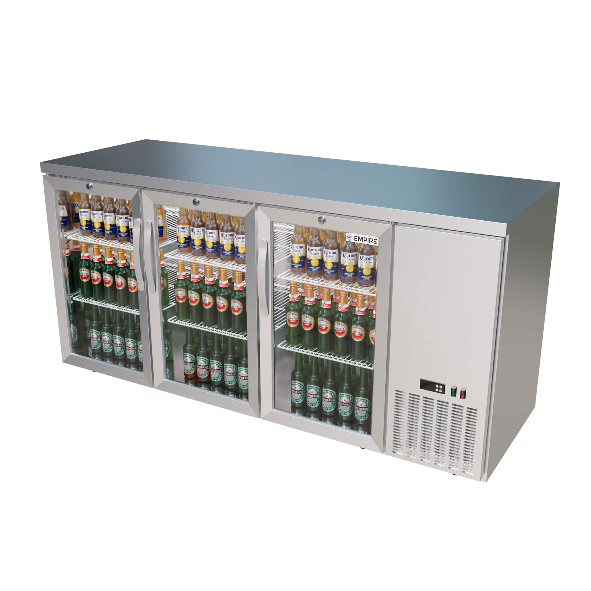 Empire High Capacity Stainless Steel Triple Door Bottle Cooler Hinged Undercounter Low Height Side Cooling