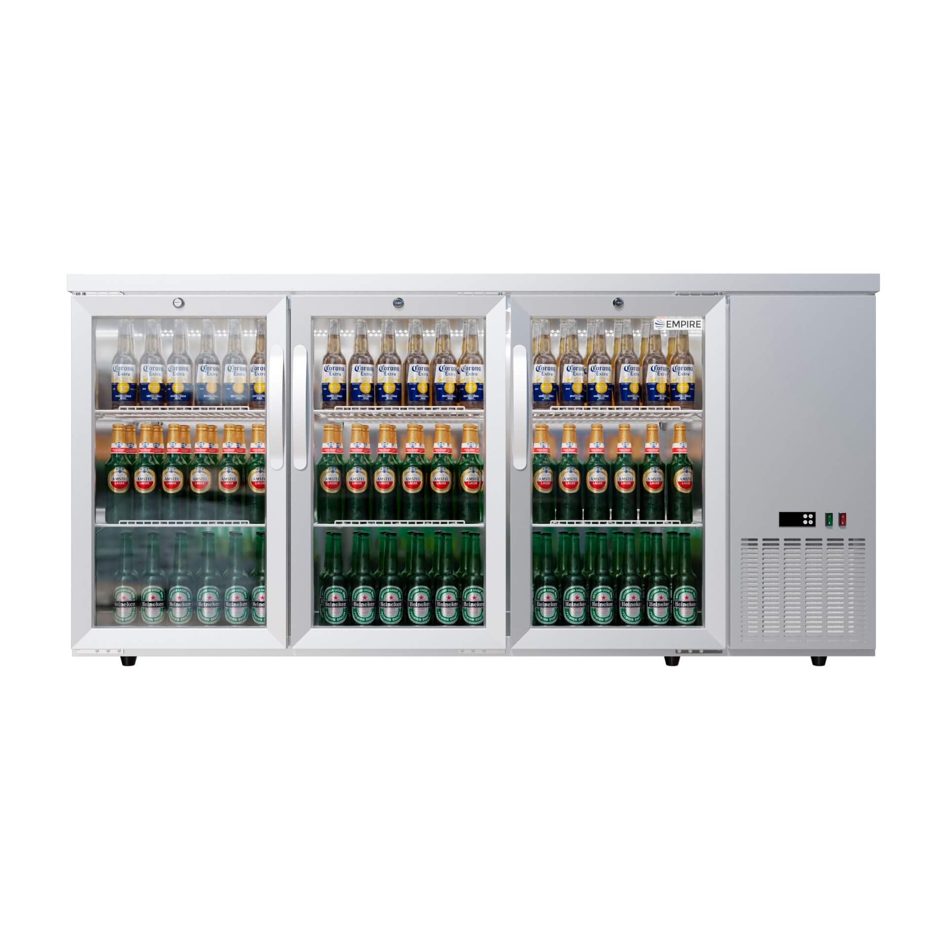 Empire High Capacity Stainless Steel Triple Door Bottle Cooler Hinged Undercounter Low Height Side Cooling