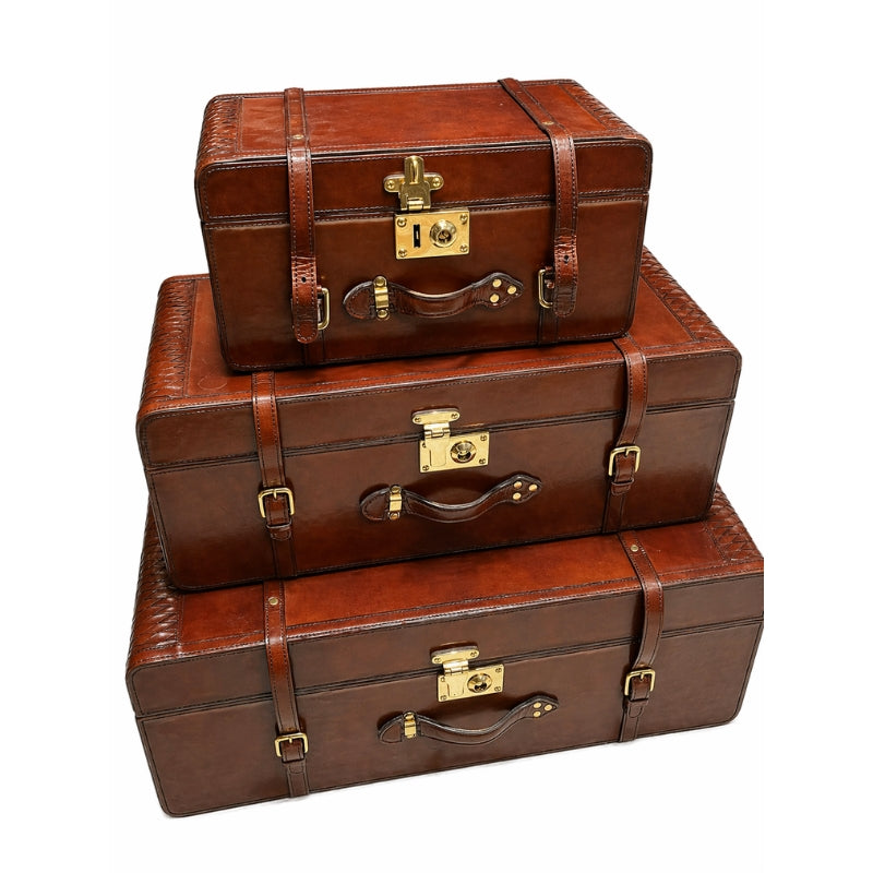 Explorer Handcrafted Leather Weave Trunk Set – Cognac (Set of 3)