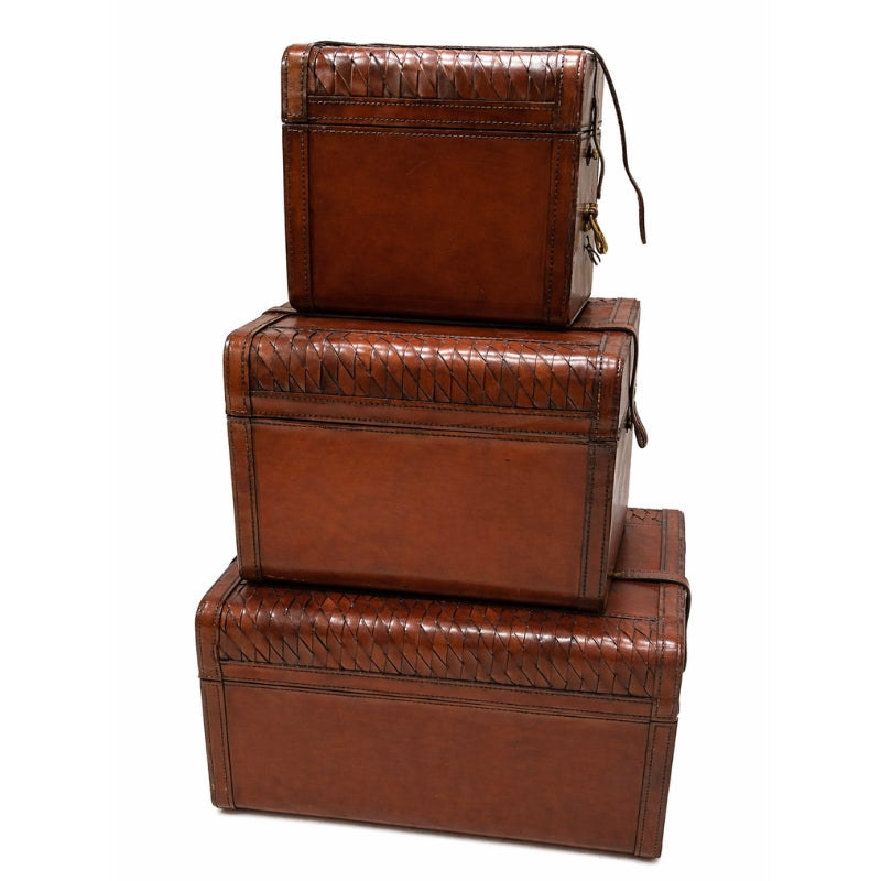 Explorer Handcrafted Leather Weave Trunk Set – Cognac (Set of 3)