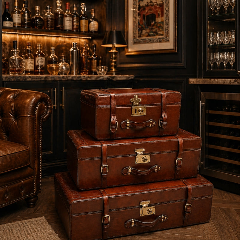 Explorer Handcrafted Leather Weave Trunk Set – Cognac (Set of 3)