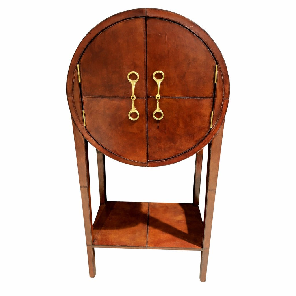 Explorer Round Cognac Leather Bar Cabinet