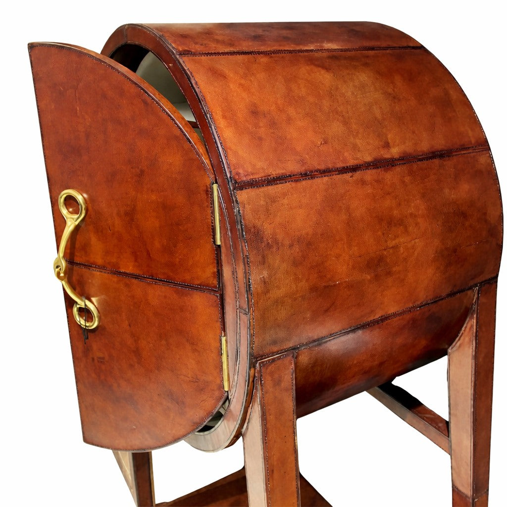Explorer Round Cognac Leather Bar Cabinet