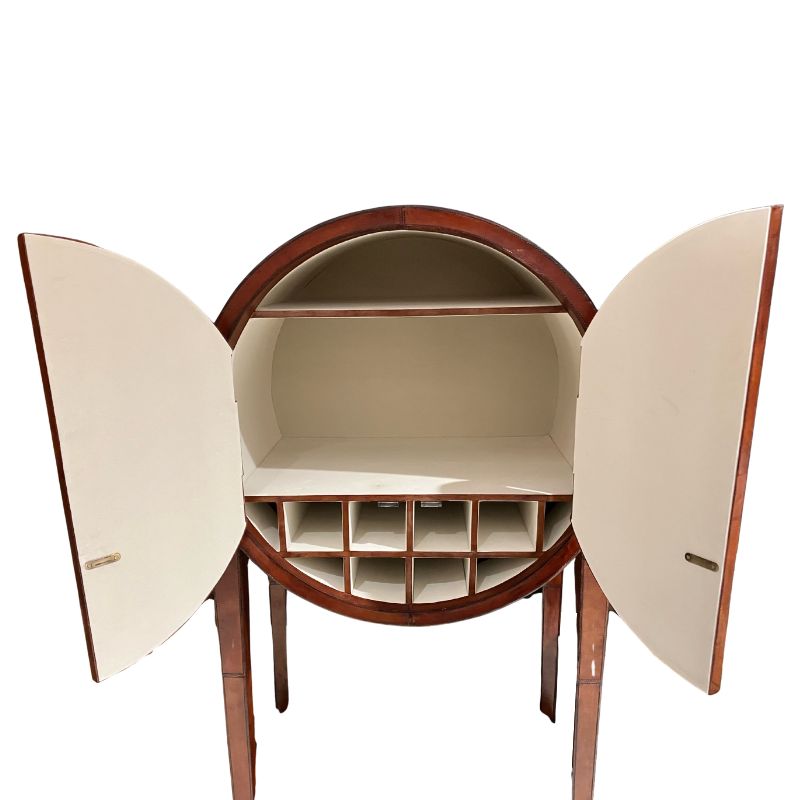 Explorer Round Cognac Leather Bar Cabinet