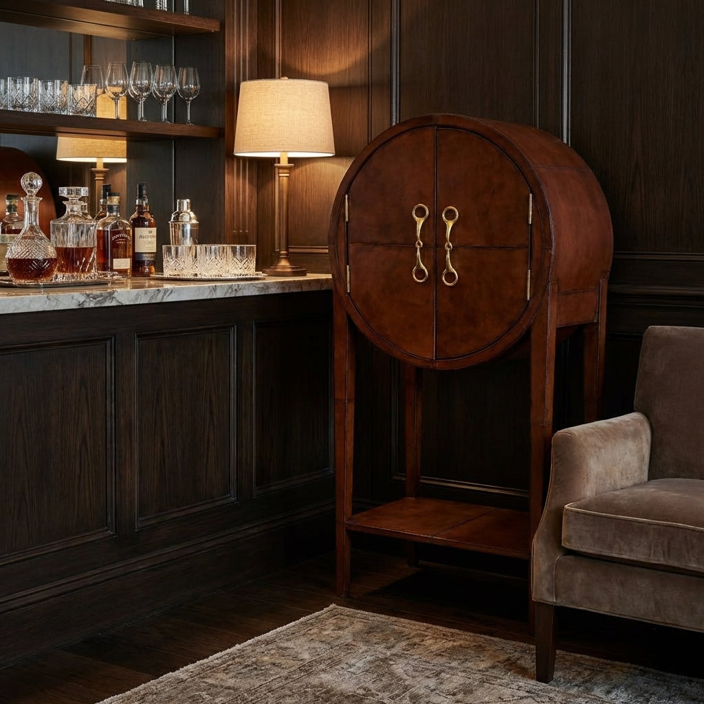 Explorer Round Cognac Leather Bar Cabinet