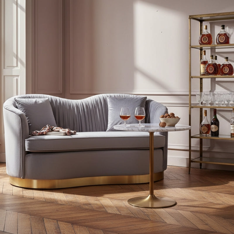 Franza Two-Seat Sofa – Grey Pleated Velvet & Gold Base