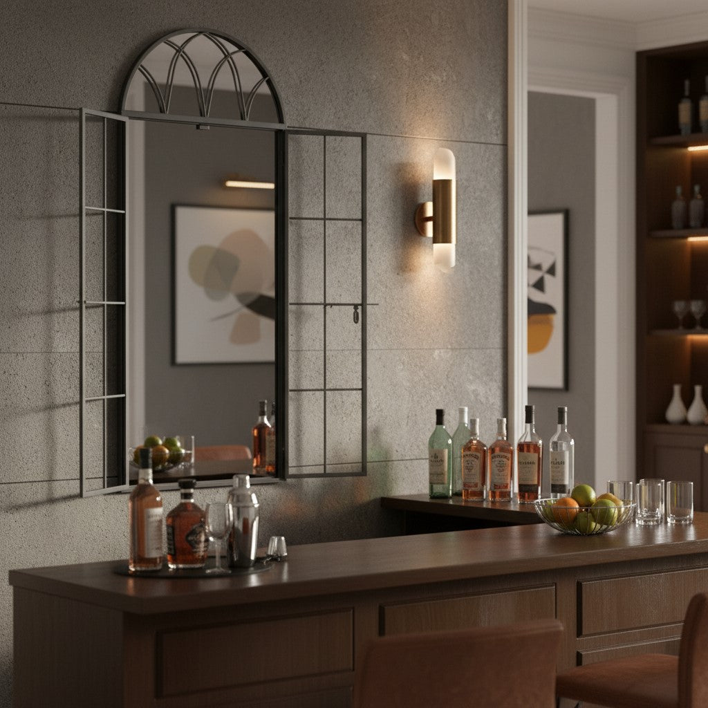 Antiqued Lead Grey Iron Tall Arch Window Metal Mirror