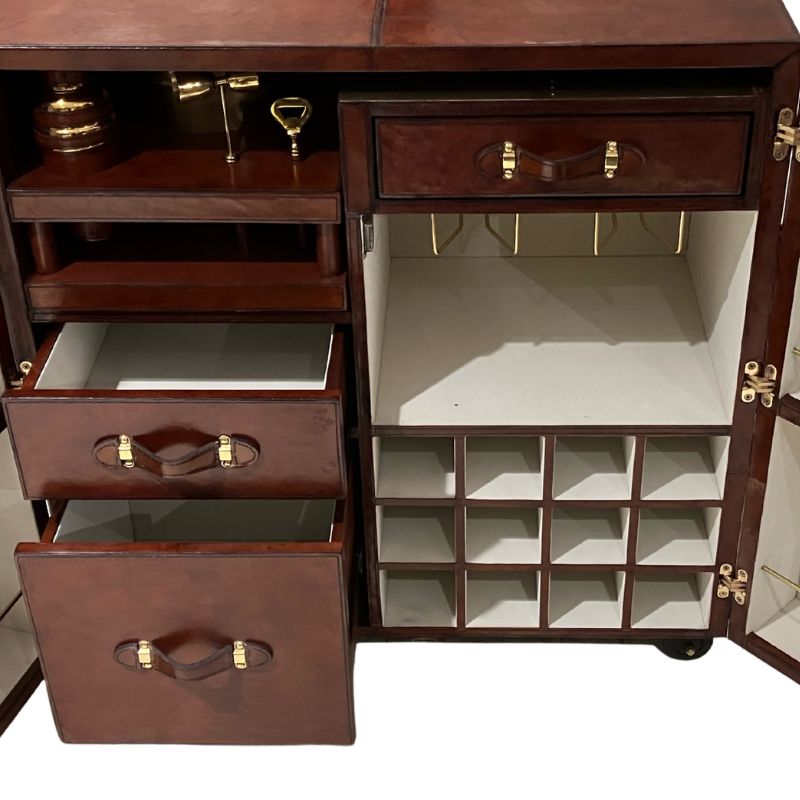 Explorer Handcrafted Cognac Leather Bar Cabinet