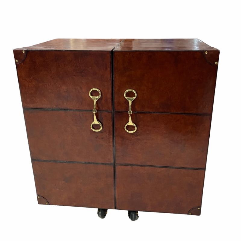 Explorer Handcrafted Cognac Leather Bar Cabinet