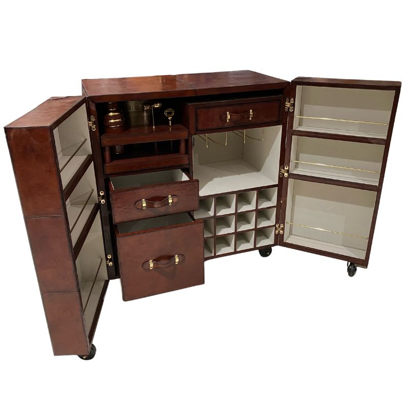 Explorer Handcrafted Cognac Leather Bar Cabinet