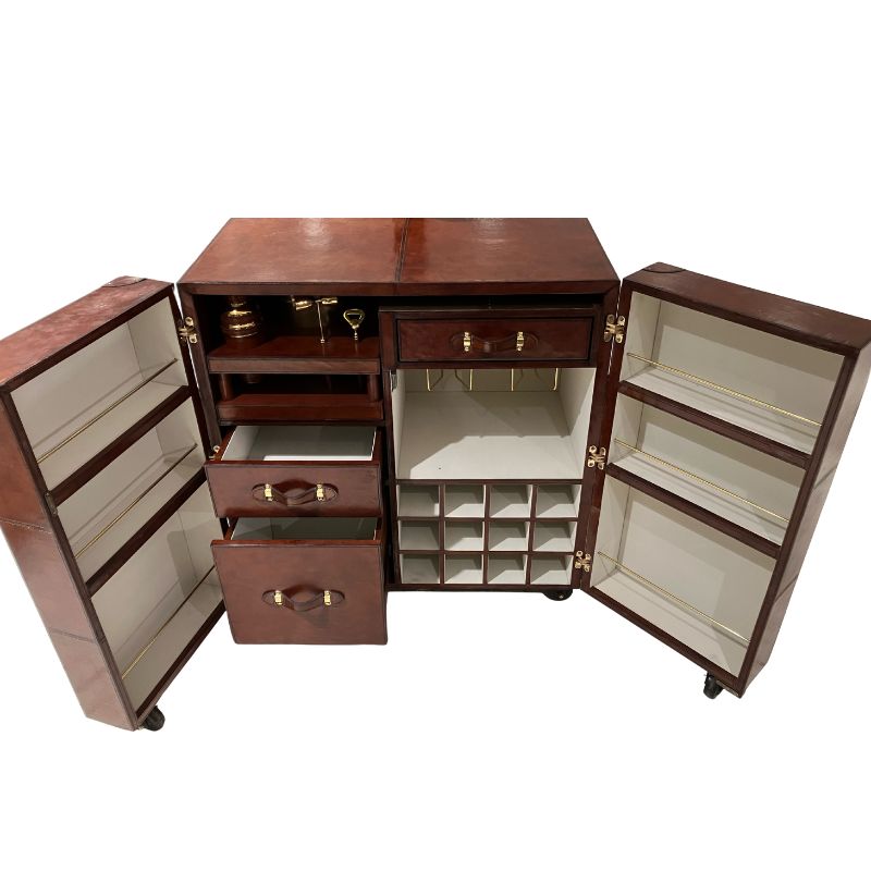 Explorer Handcrafted Cognac Leather Bar Cabinet