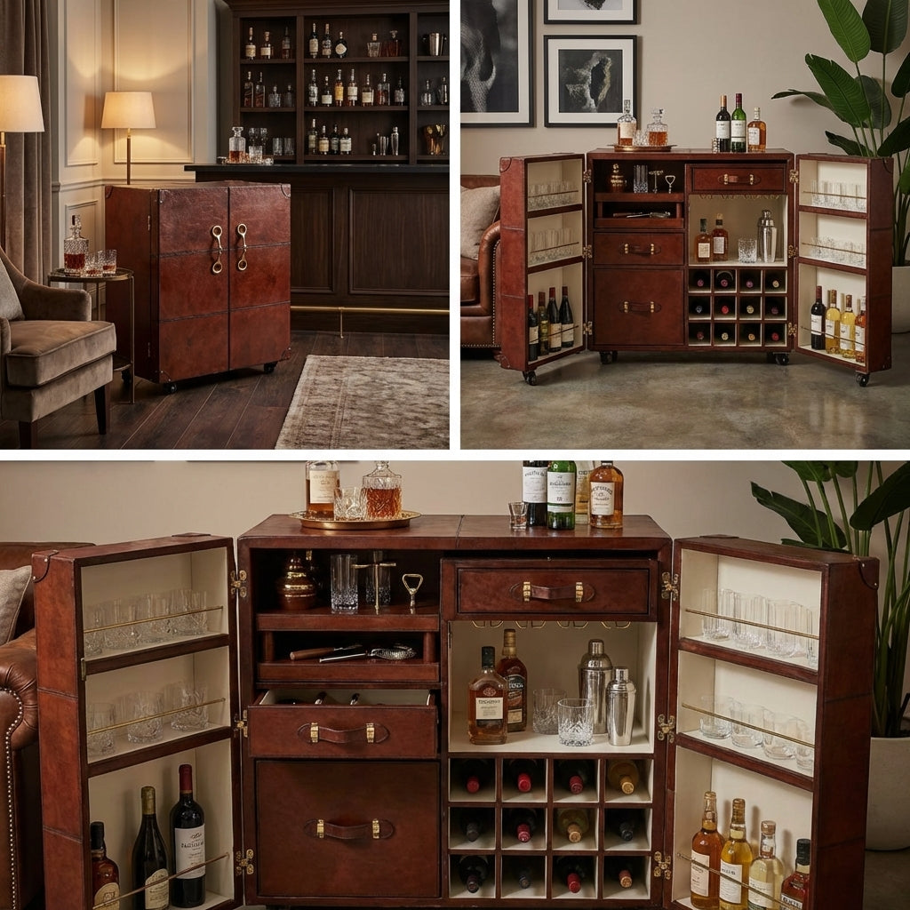 Explorer Handcrafted Cognac Leather Bar Cabinet