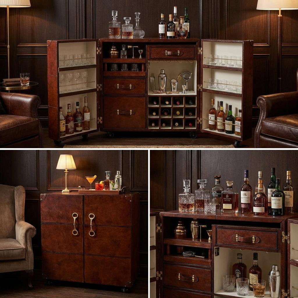 Explorer Handcrafted Cognac Leather Bar Cabinet