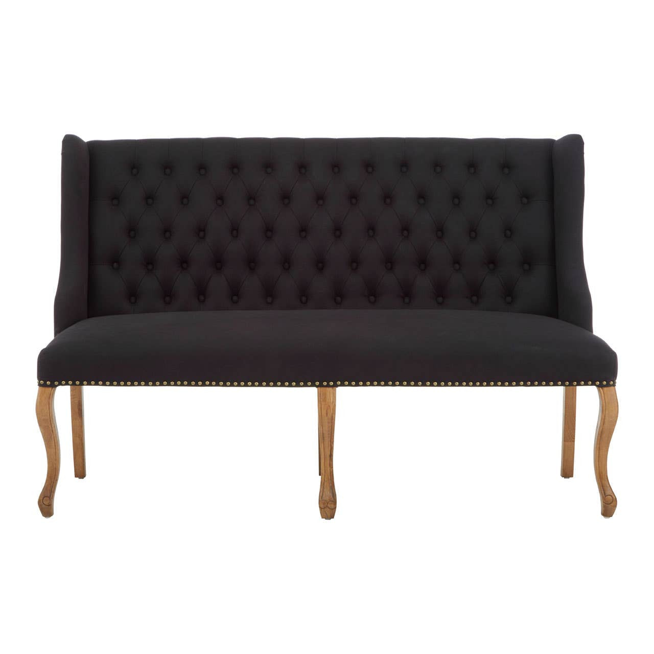 Harrison Bench Sofa – Black Linen, Stud Trim & Oak Cabriole Legs
