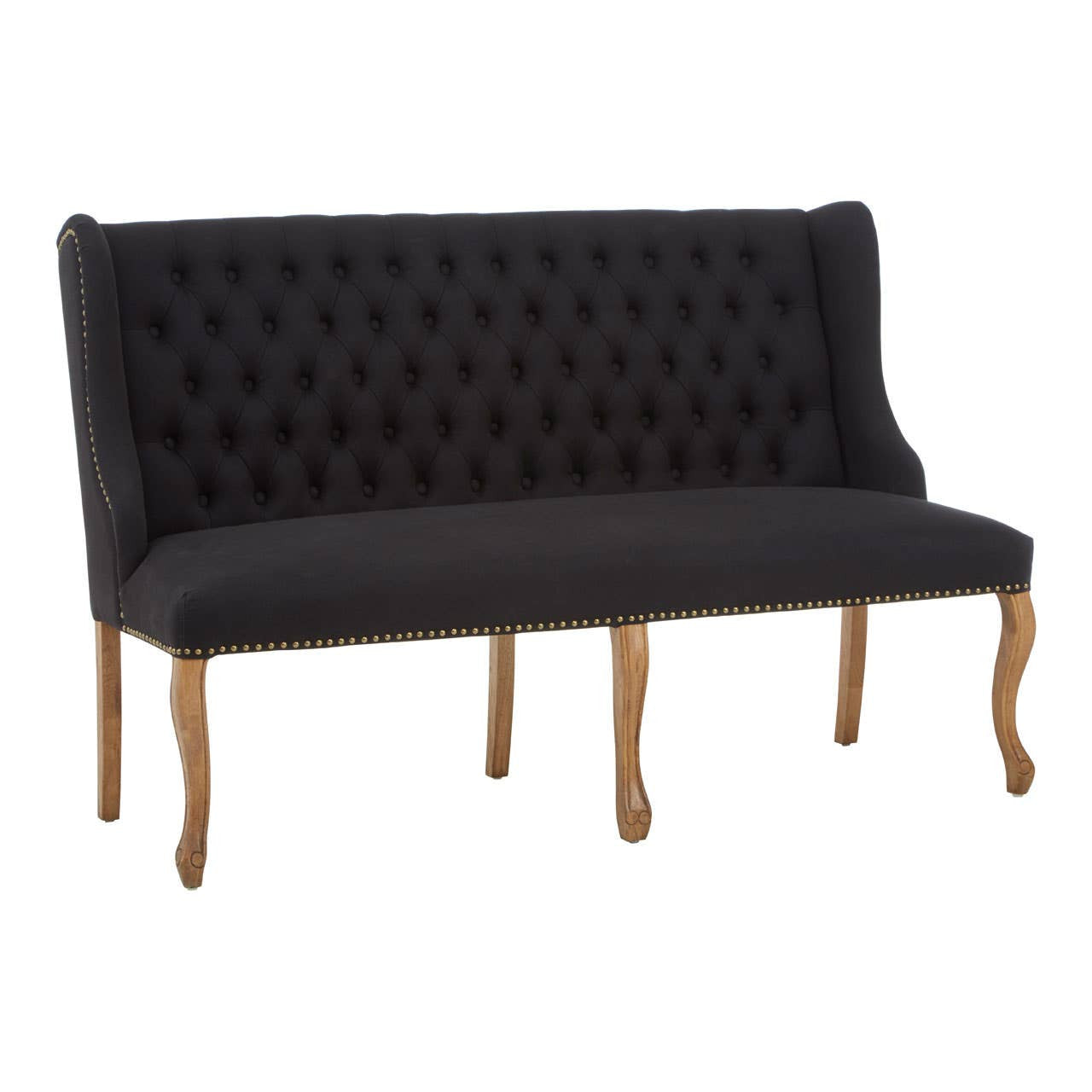 Harrison Bench Sofa – Black Linen, Stud Trim & Oak Cabriole Legs
