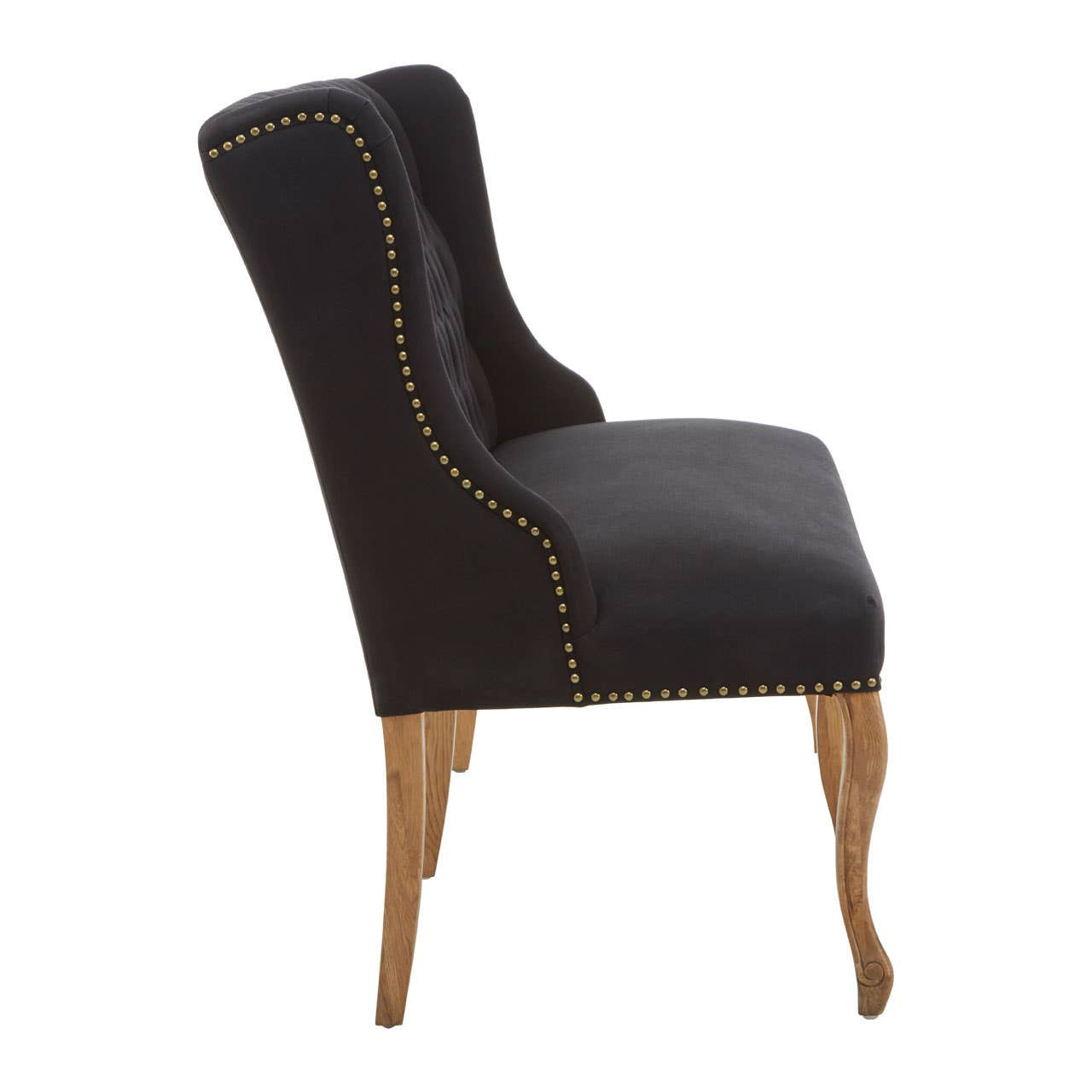 Harrison Bench Sofa – Black Linen, Stud Trim & Oak Cabriole Legs