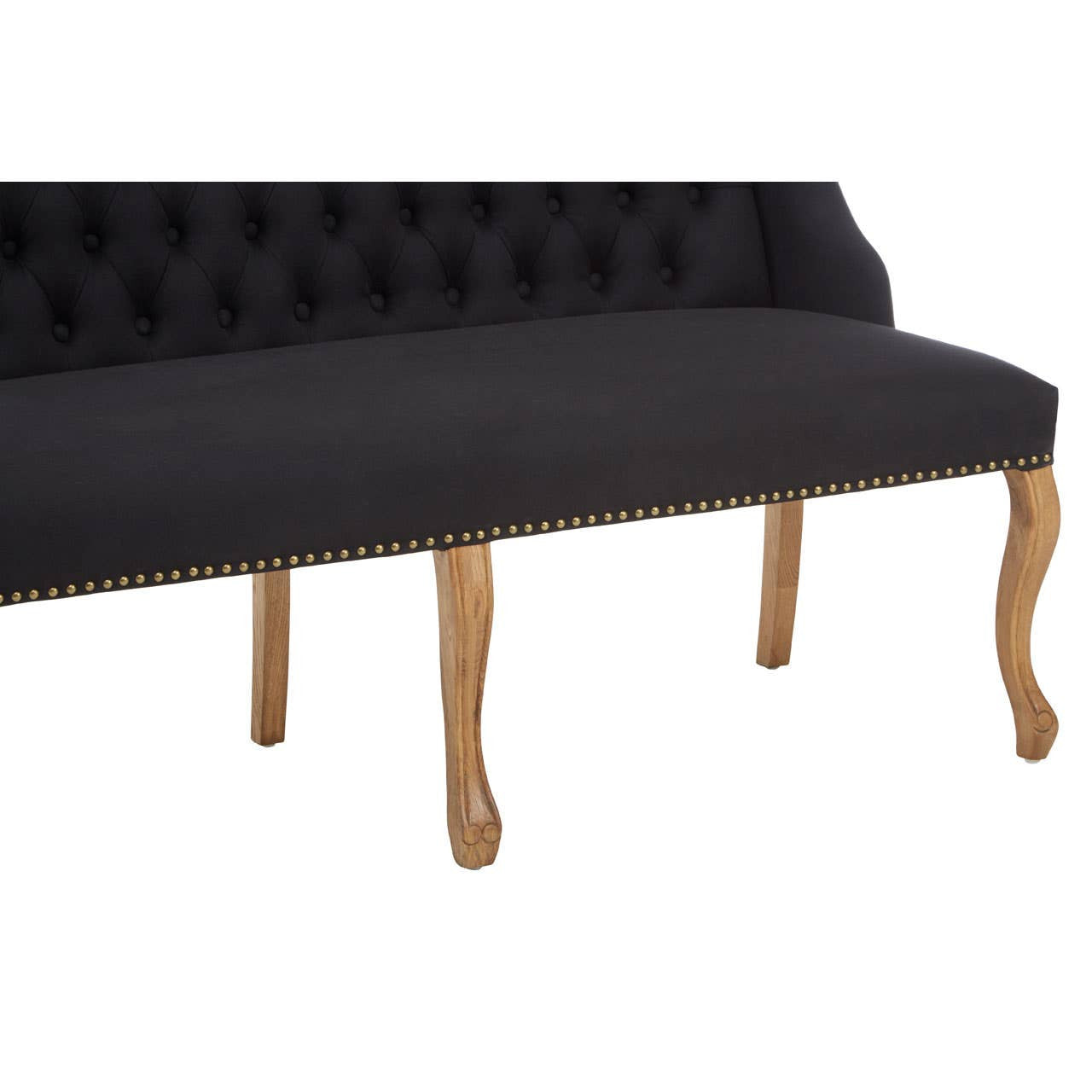 Harrison Bench Sofa – Black Linen, Stud Trim & Oak Cabriole Legs