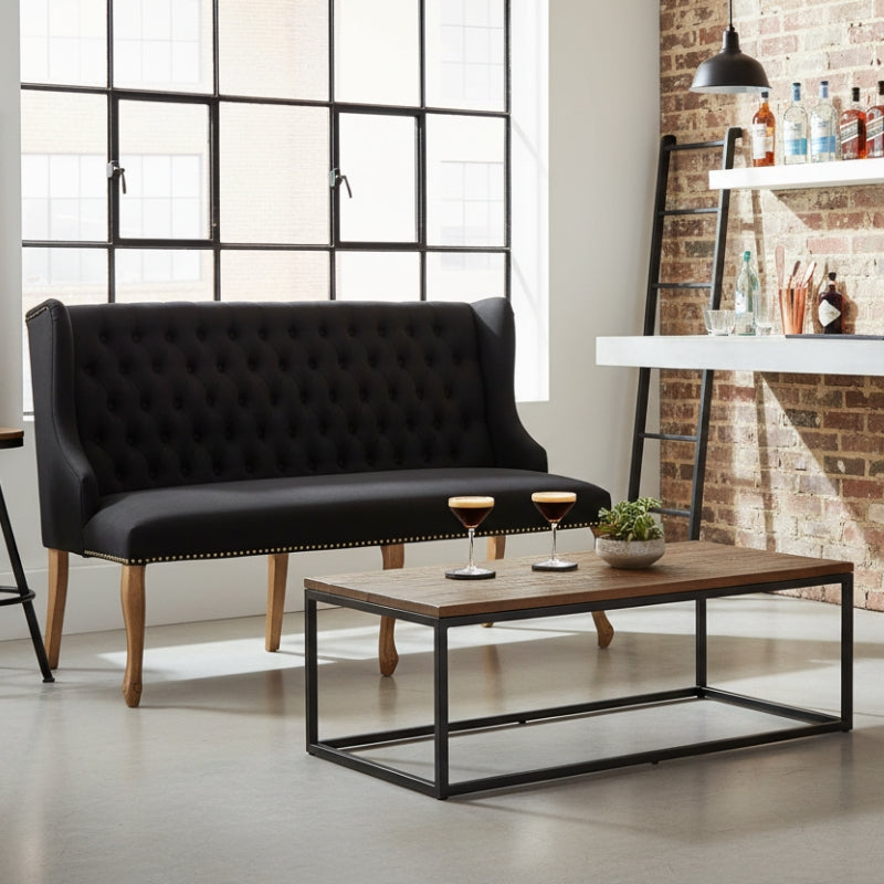 Harrison Bench Sofa – Black Linen, Stud Trim & Oak Cabriole Legs