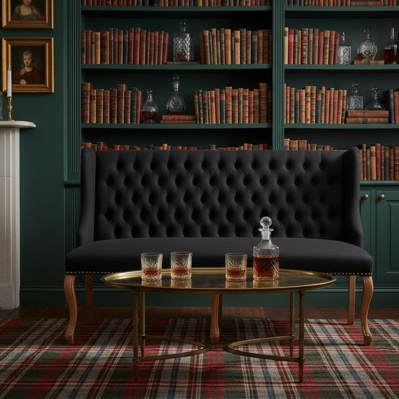 Harrison Bench Sofa – Black Linen, Stud Trim & Oak Cabriole Legs