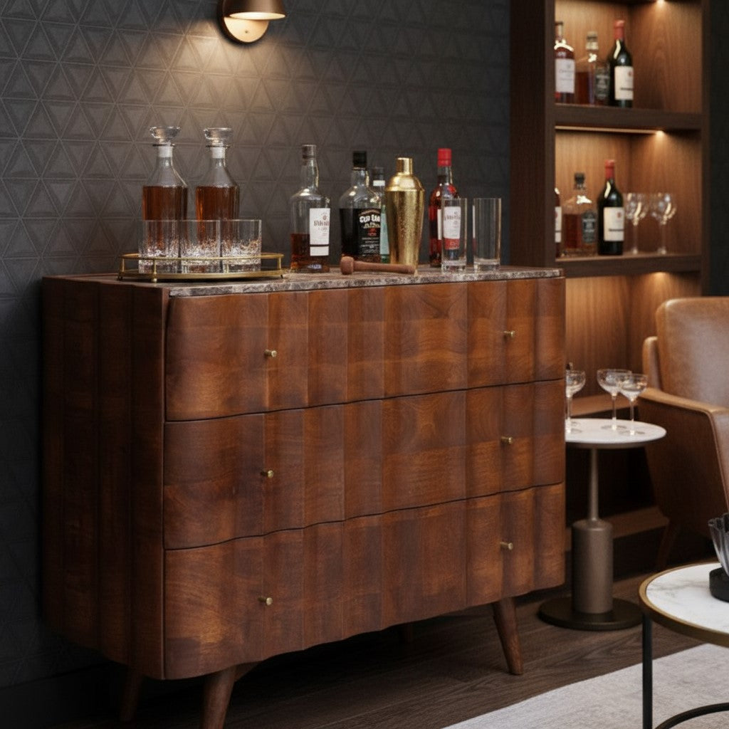 Indok Wooden Carving Design 3 Drawer Cabinet Marble Top