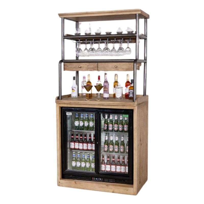 Industrial Loft Home Bar Unit with Glass Rack & Fridge Space