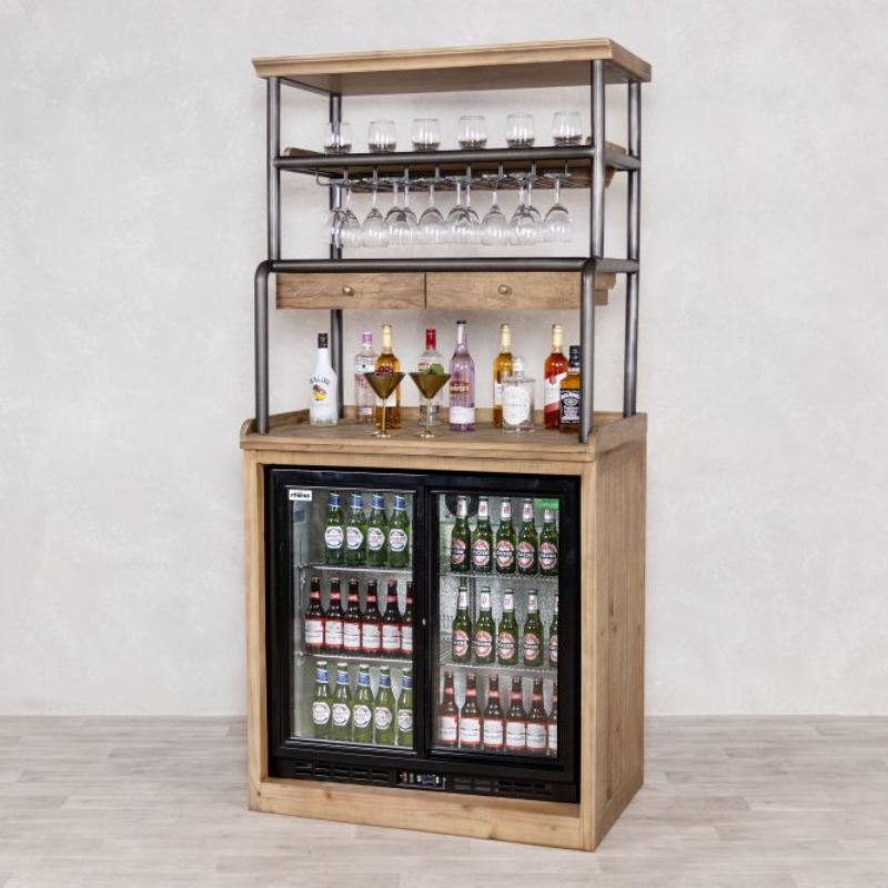 Industrial Loft Home Bar Unit with Glass Rack & Fridge Space