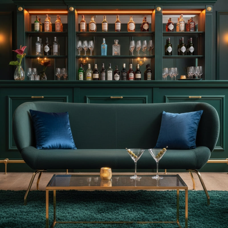 Kolding Two-Seat Sofa – Dark Green Fabric & Gold Legs