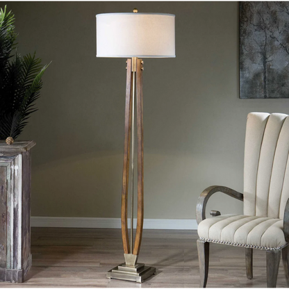 Antique Brass & Wood Sculptural Floor Lamp