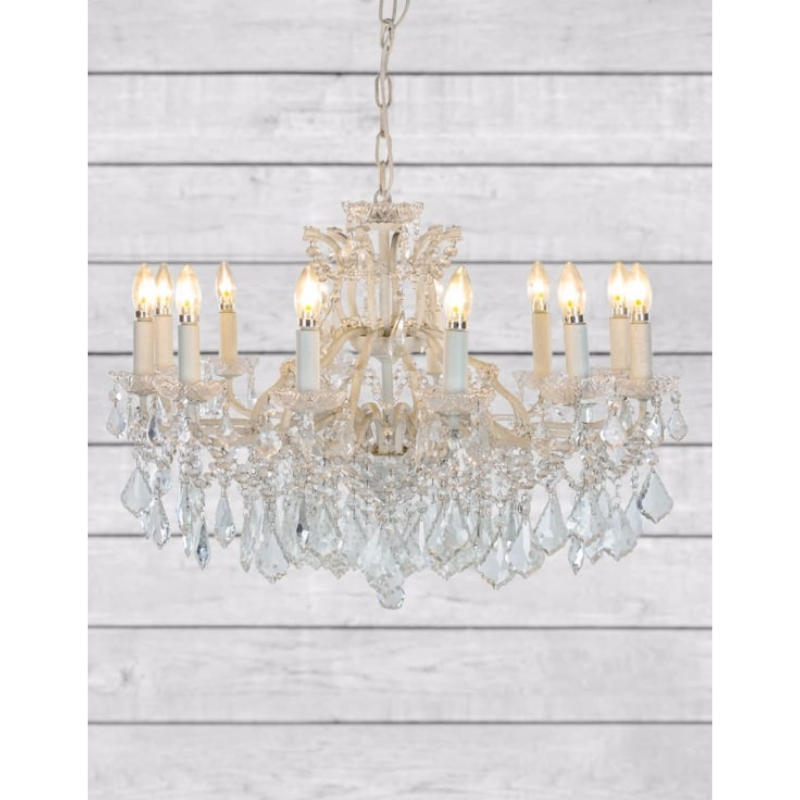 Large 12 Branch Antique Crackle White Shallow Chandelier