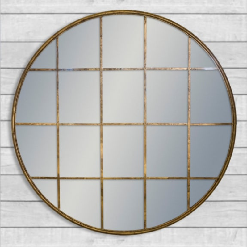 Large Antiqued Gold Round Metal Window Mirror