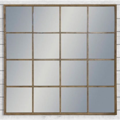 Large Antiqued Gold Square Metal Window Mirror - 110 x 110 cm