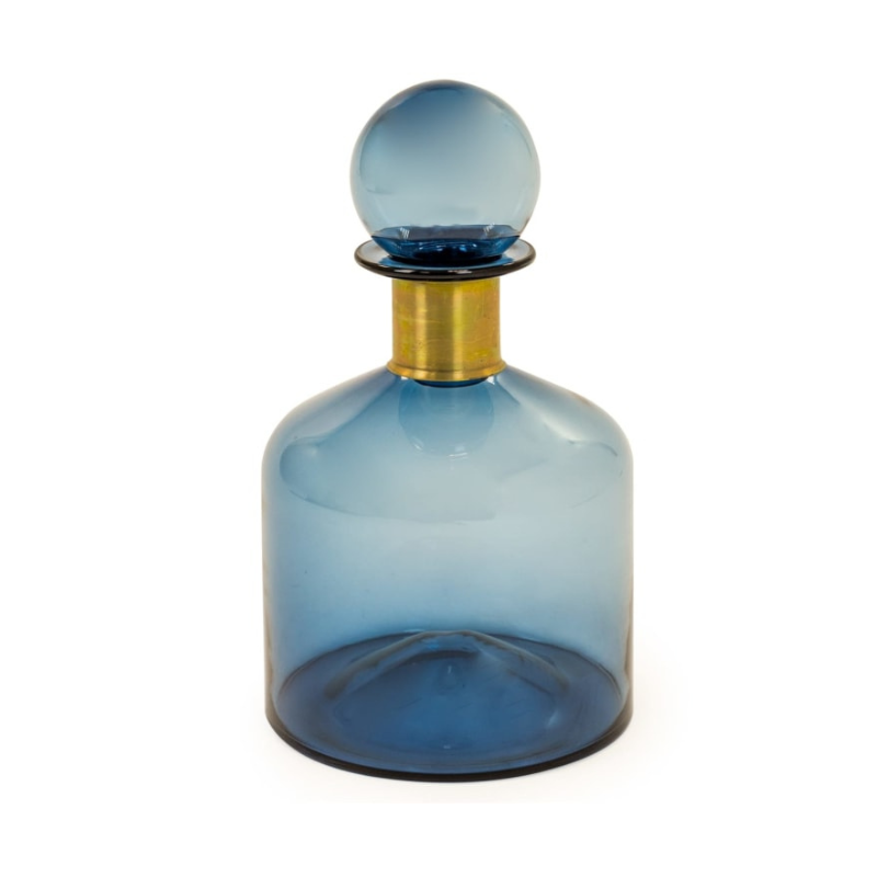 Large Blue Glass Apothecary Bottle with Brass Neck