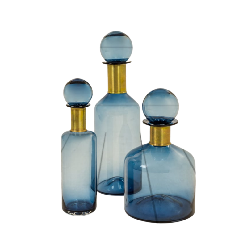 Large Blue Glass Apothecary Bottle with Brass Neck