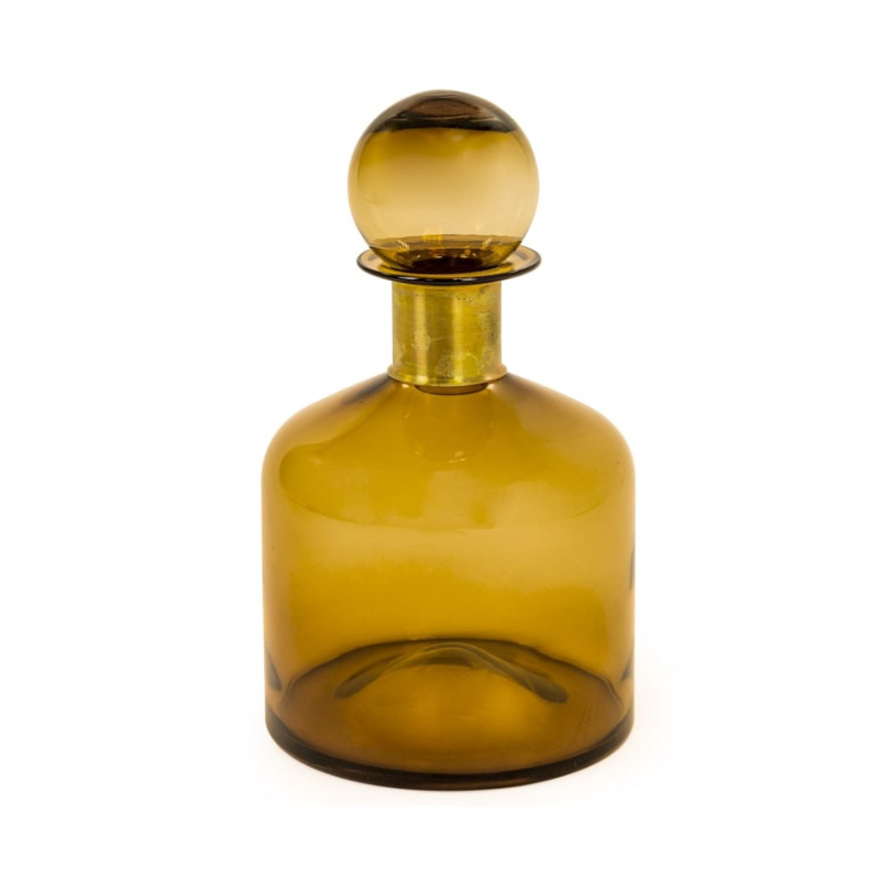 Large Brown Glass Apothecary Bottle with Brass Neck