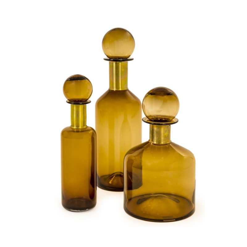 Large Brown Glass Apothecary Bottle with Brass Neck