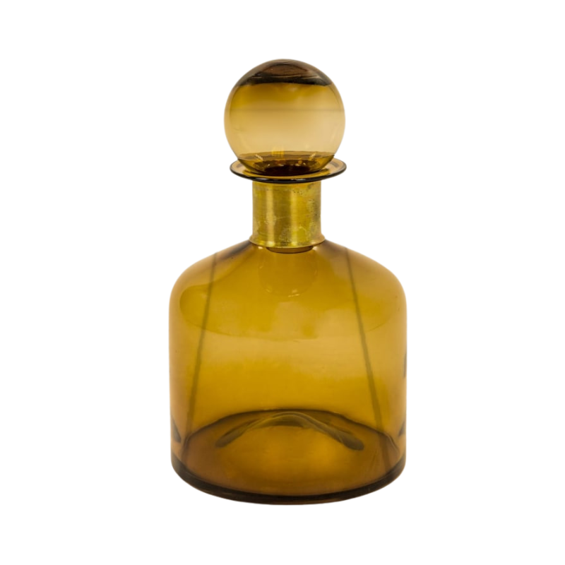 Large Brown Glass Apothecary Bottle with Brass Neck