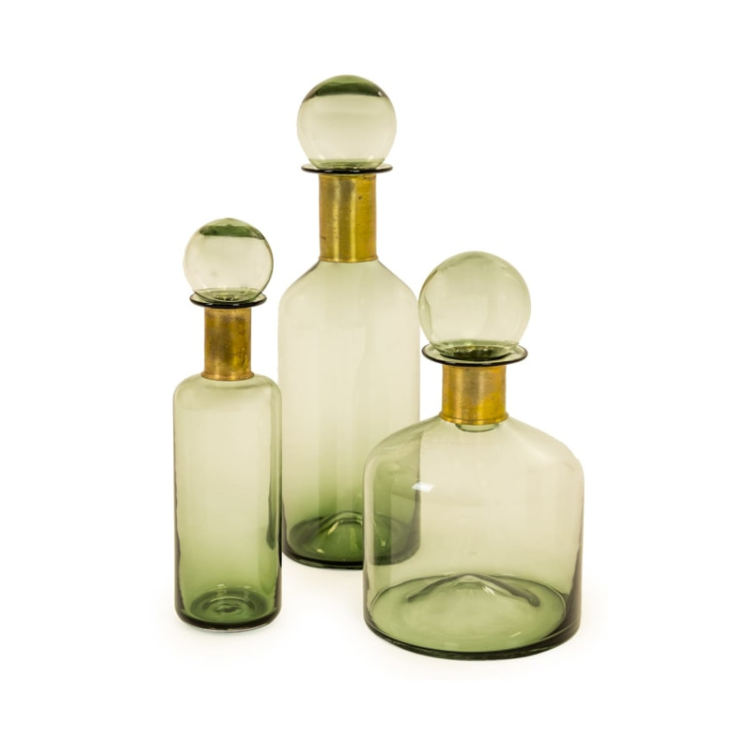 Large Green Glass Apothecary Bottle with Brass Neck