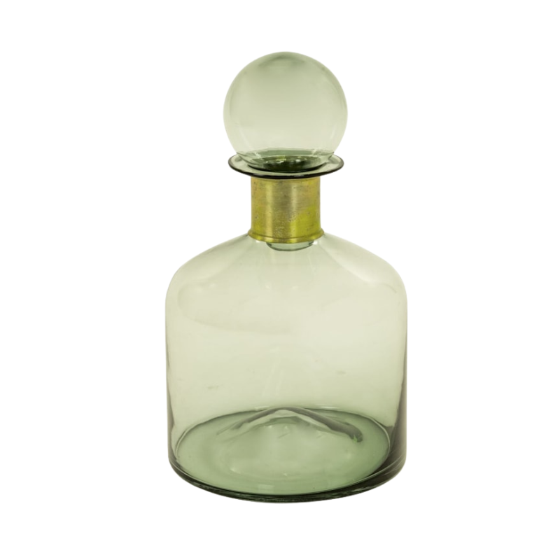 Large Green Glass Apothecary Bottle with Brass Neck