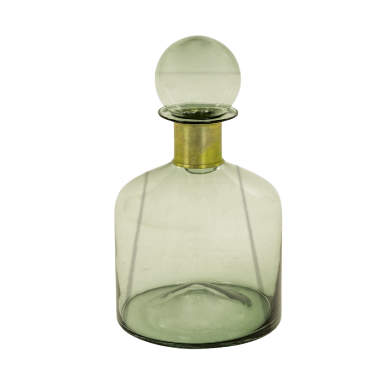 Large Green Glass Apothecary Bottle with Brass Neck
