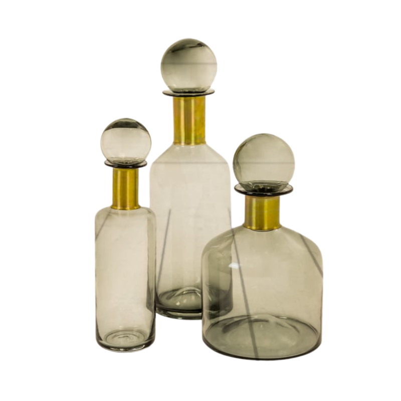 Large Smoke Grey Glass Apothecary Bottle with Brass Neck