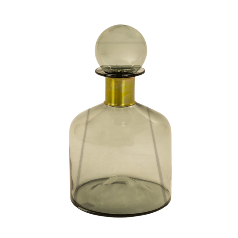 Large Smoke Grey Glass Apothecary Bottle with Brass Neck