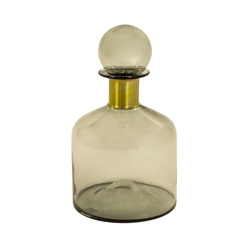 Large Smoke Grey Glass Apothecary Bottle with Brass Neck